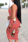 Watermelon Red Casual Santa Claus Print Basic U Neck Vest Dresses