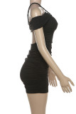 Black Sexy Solid Color Hollow Out Patchwork Backless Asymmetrical Collar Wrapped Skirt Dresses