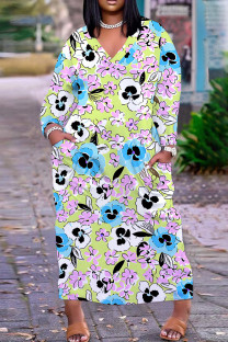 Light Green Casual Floral Print Basic V Neck Long Plus Size Dresses