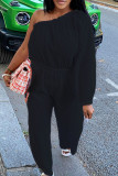 Rose Red Casual Solid Color Patchwork Backless Oblique Collar Loose Jumpsuits
