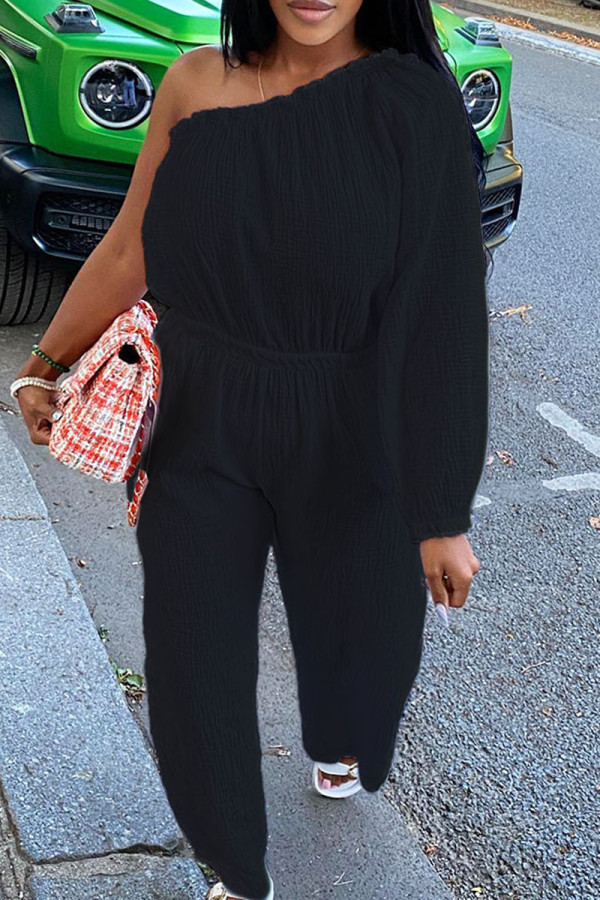 Black Casual Solid Color Patchwork Backless Oblique Collar Loose Jumpsuits