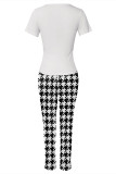 Khaki Casual Street Plaid Letter Print Contrast O Neck Short Sleeve Two Pieces