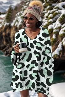 Light Green Casual Daily Leopard Print Basic V Neck Tops