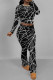 Black And White Casual Print Patchwork O Neck Long Sleeve Two Pieces