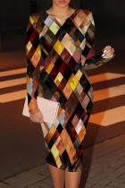 Black Yellow Casual Print Patchwork O Neck Wrapped Skirt Dresses