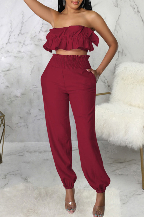 Burgundy Casual Solid Color Pocket Patchwork Backless Strapless Two Pieces
