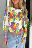 Pink Casual Street Splashed ink printing Contrast O Neck Tops