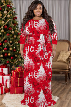 Red Casual Print Basic Belted O Neck Long Plus Size Dresses