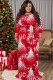 Red Casual Print Basic Belted O Neck Long Plus Size Dresses