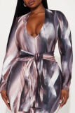 Multicolor Sexy Casual Print Belted Deep V Neck Long Dresses