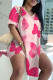 Pink Casual Print Slit V Neck Short Sleeve Two Pieces