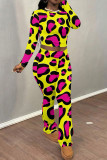 Fuchsia Casual Print Patchwork O Neck Long Sleeve Two Pieces