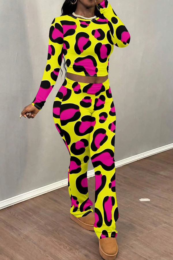 Yellow Casual Print Patchwork O Neck Long Sleeve Two Pieces