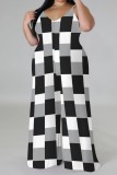 Black White Casual Print Backless Spaghetti Strap Plus Size Jumpsuits (With Headscarf)