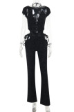 Black Sexy Print Hollow Out Patchwork Deep V Neck Skinny Jumpsuits