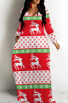 Red White Casual Print Basic V Neck Long Dresses