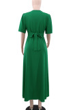 Green Elegant Solid Color Patchwork Strap Design V Neck Long Dresses