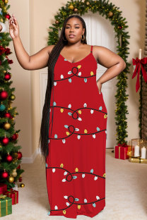 Red Sexy Casual Print Backless Spaghetti Strap Long Dresses