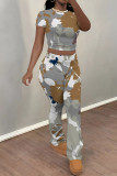 Light Gray Casual Street Camouflage Print Polka Dot Contrast O Neck Short Sleeve Two Pieces