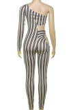 Khaki Casual Stripe Hollow Out Patchwork Asymmetrical Collar Skinny Jumpsuits