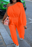 Rose Red Casual Solid Color Patchwork Backless Oblique Collar Loose Jumpsuits