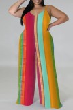 Black White Casual Print Backless Spaghetti Strap Plus Size Jumpsuits (With Headscarf)