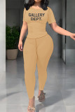 Khaki Casual Street Letter Print O Neck Long Sleeve Two Pieces