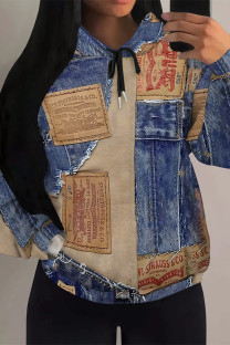 Blue Coffee Casual Street Faux Denim Print Draw String Pocket Hooded Tops