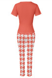 Khaki Casual Street Plaid Letter Print Contrast O Neck Short Sleeve Two Pieces