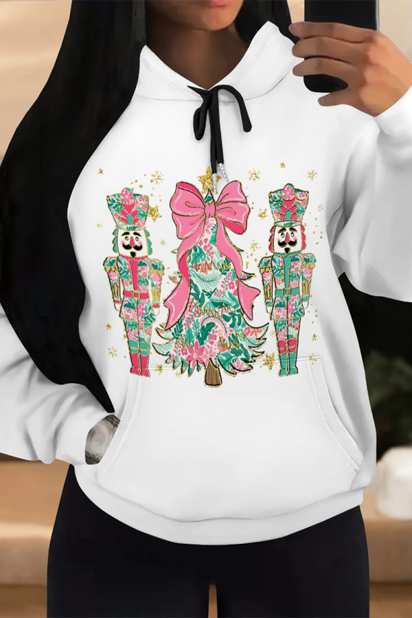 Pink Green Casual Christmas Tree Letter Print Bow Draw String Pocket Hooded Tops