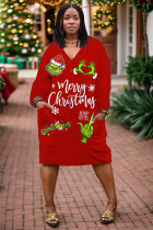 Red Green Casual Print Pocket V Neck Long Sleeve Plus Size Dresses