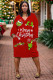 Red Green Casual Print Pocket V Neck Long Sleeve Plus Size Dresses