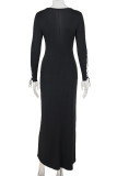 Black Sexy Solid Color Hollow Out Patchwork Cross Straps Deep V Neck Long Dresses