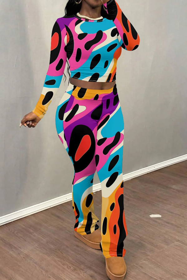 Multi-color Casual Print Patchwork O Neck Long Sleeve Two Pieces