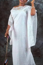 White Casual Solid Color Hollow Out Patchwork Off Shoulder Long Dresses