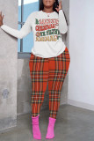 Red Pink Casual Plaid Letter Print Basic O Neck Long Sleeve Two Pieces