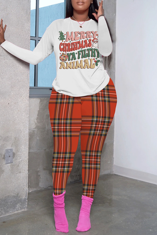 White Pink Casual Plaid Letter Print Basic O Neck Long Sleeve Two Pieces