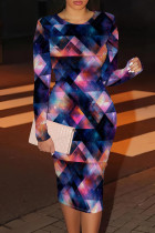 Blue Purple Casual Print Patchwork O Neck Wrapped Skirt Dresses