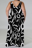 Black White Casual Print Backless Spaghetti Strap Plus Size Jumpsuits (With Headscarf)