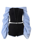 Blue Casual Stripe Patchwork Cross Straps Off Shoulder Long Sleeve Two Pieces