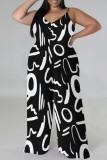 Black White Casual Print Backless Spaghetti Strap Plus Size Jumpsuits (With Headscarf)