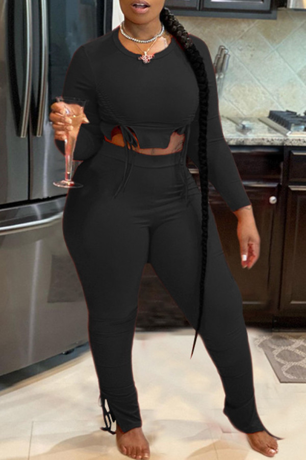 Black Casual Solid Color Draw String Patchwork O Neck Long Sleeve Two Pieces