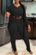 Black Casual Solid Color Draw String Patchwork O Neck Long Sleeve Two Pieces
