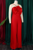 Red Casual Solid Color Patchwork Flower Shape Spaghetti Strap Loose Jumpsuits
