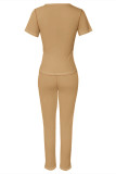 Khaki Casual Street Letter Print O Neck Long Sleeve Two Pieces