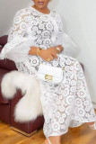 White Elegant Solid Color Lace Patchwork See-Through O Neck Long Plus Size Dresses