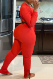 Red Casual Solid Color Draw String Patchwork O Neck Long Sleeve Two Pieces