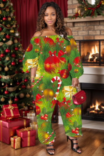 Green Casual Print Basic Off Shoulder Regular Jumpsuits