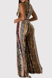 Red Casual Print Patchwork Strap Design Deep V Neck Loose Jumpsuits