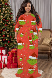 Orange Red Casual Cartoon Print Belted O Neck Long Plus Size Dresses